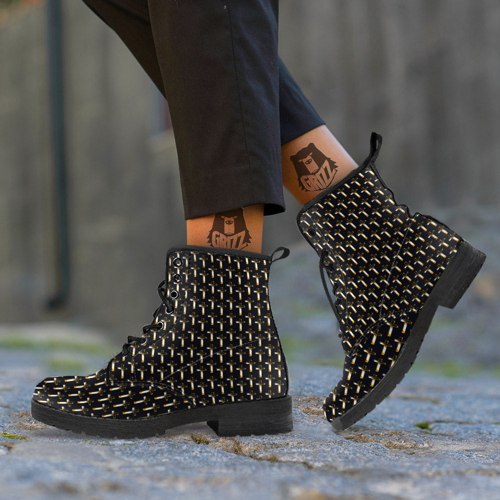 Christian Cross Print Pattern Leather Boots-grizzshop