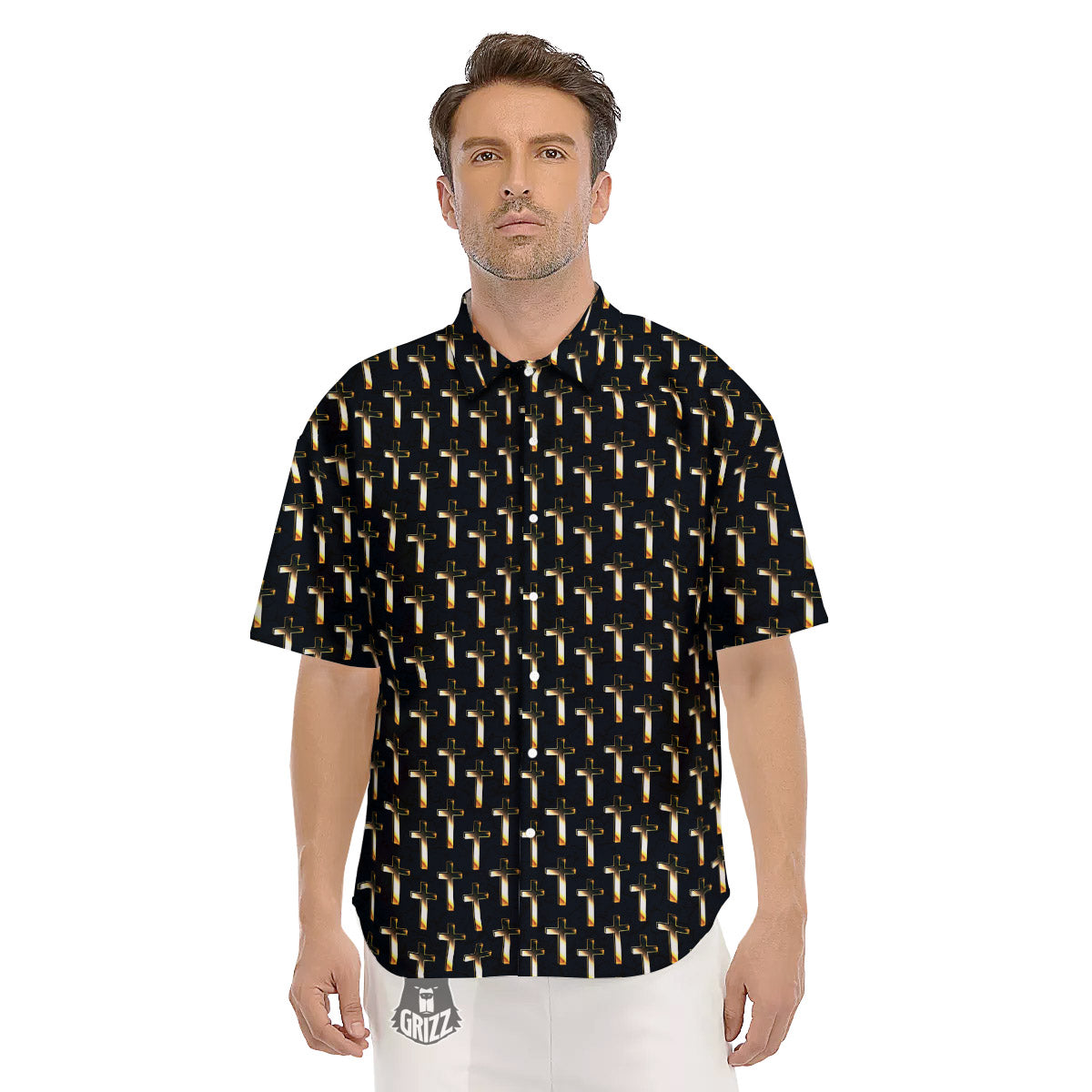 Christian Cross Print Pattern Men's Short Sleeve Shirts-grizzshop