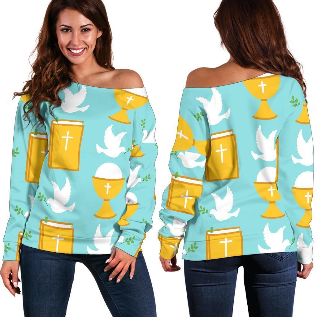 Christian Dove Pattern Print Women Off Shoulder Sweatshirt-grizzshop