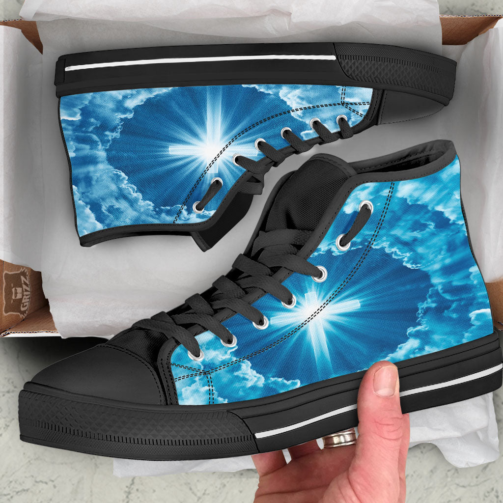 Christian Holy Cross Shiny Print Black High Top Shoes-grizzshop