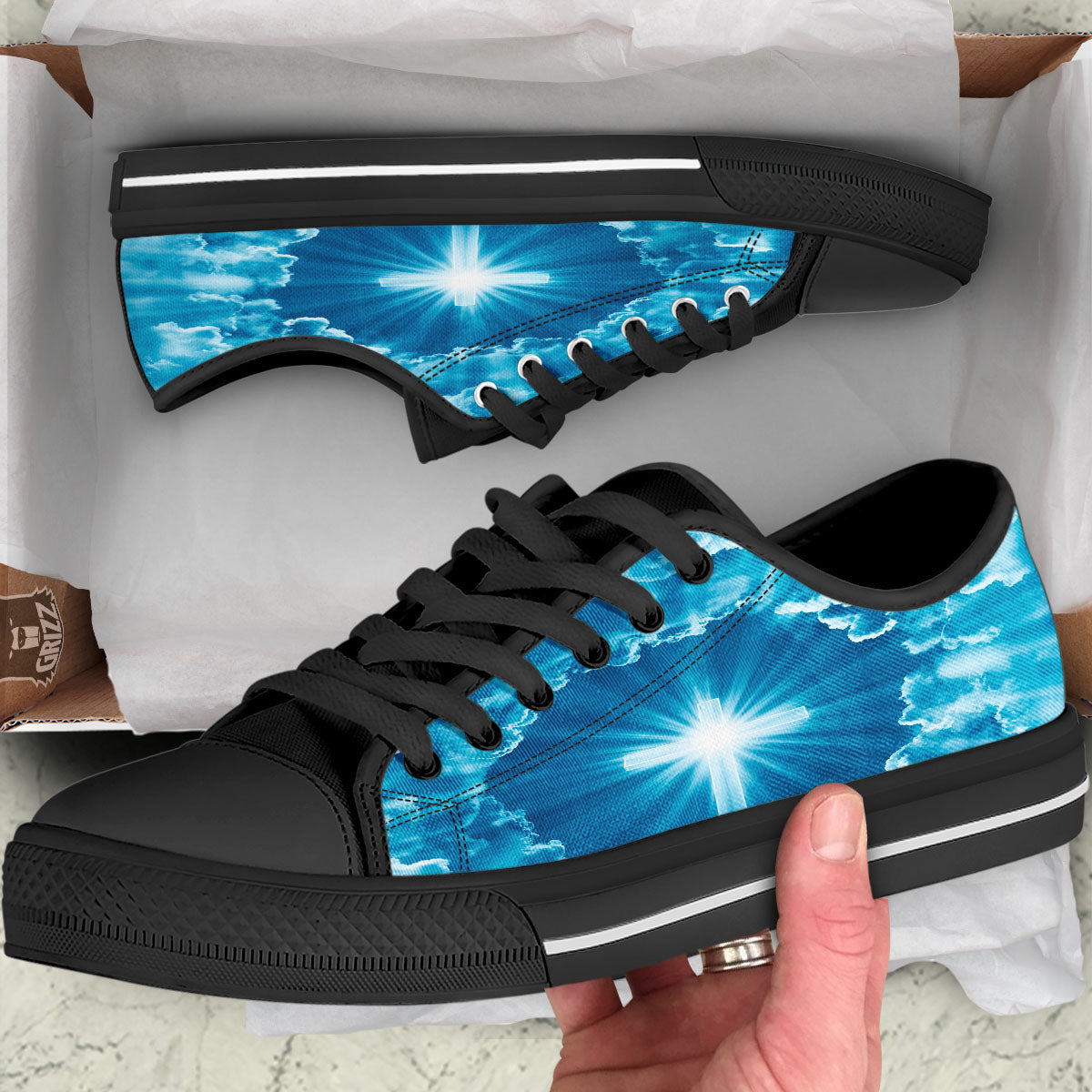 Christian Holy Cross Shiny Print Black Low Top Shoes-grizzshop