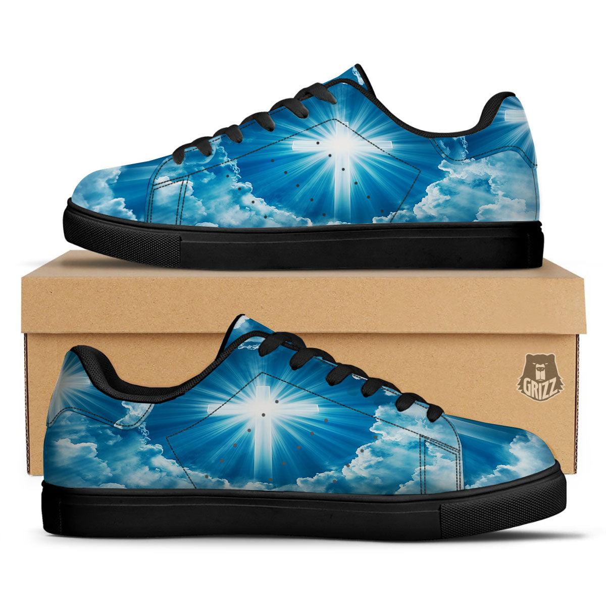 Christian Holy Cross Shiny Print Black Low Top Sneakers-grizzshop