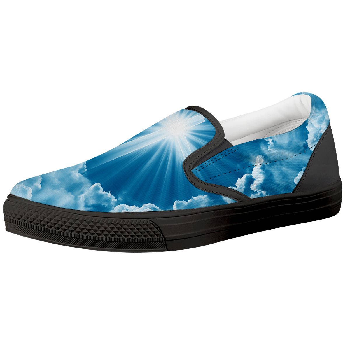 Christian Holy Cross Shiny Print Black Slip On Shoes-grizzshop
