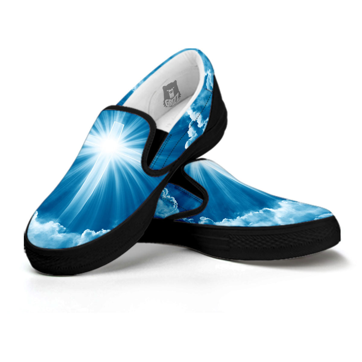 Christian Holy Cross Shiny Print Black Slip On Shoes-grizzshop