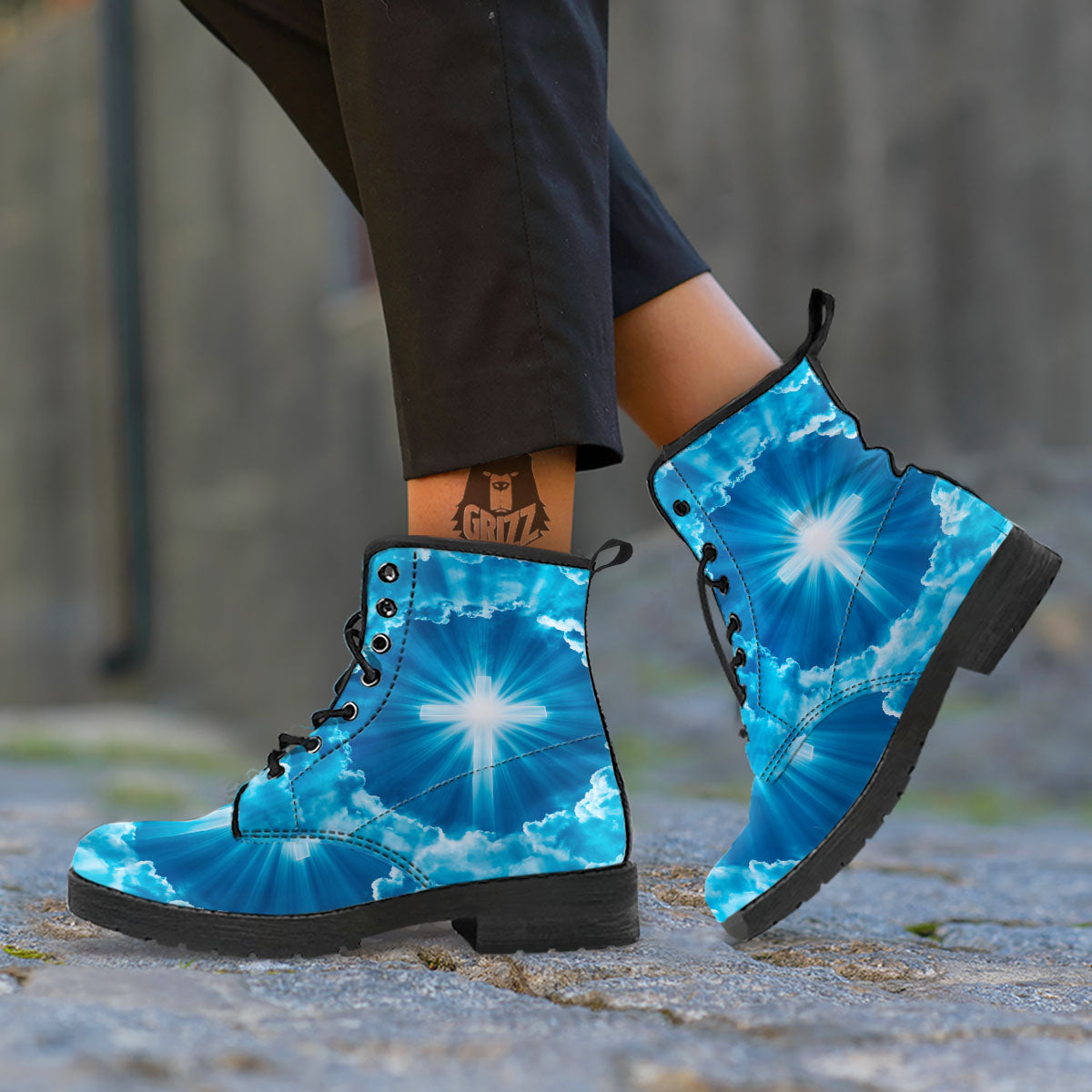 Christian Holy Cross Shiny Print Leather Boots-grizzshop