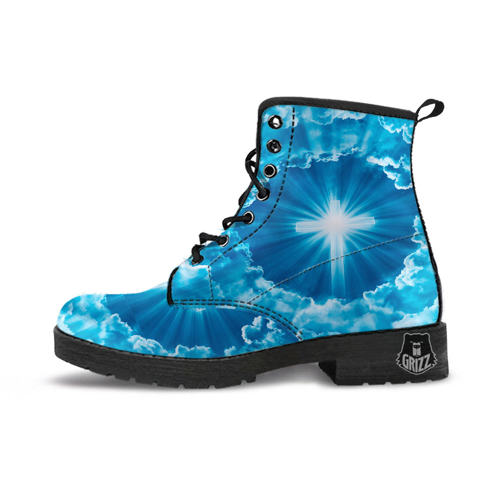 Christian Holy Cross Shiny Print Leather Boots-grizzshop