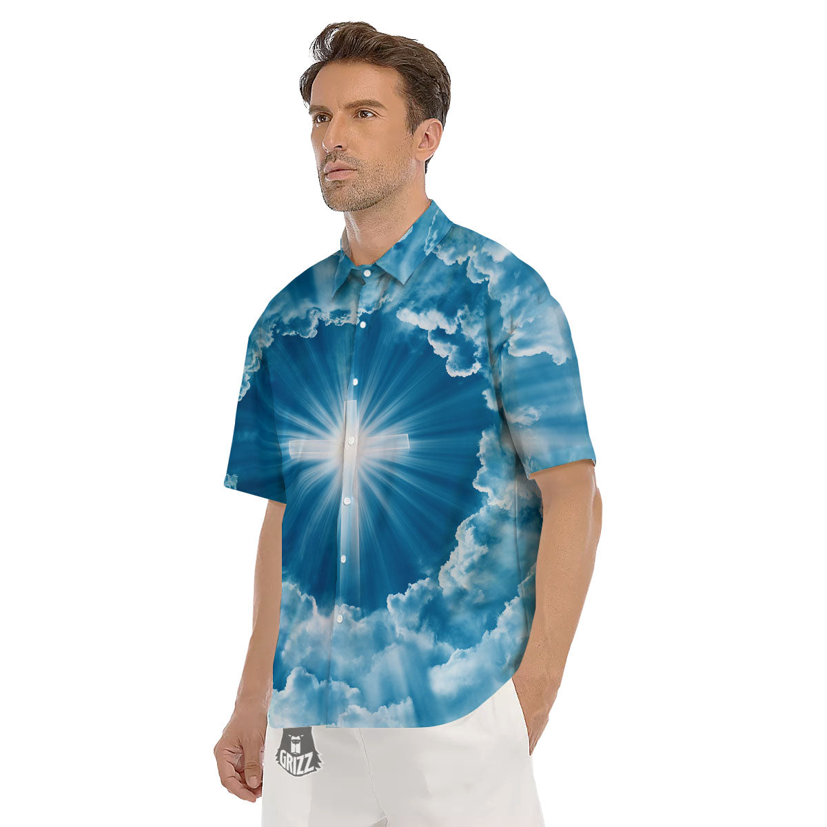 Christian Holy Cross Shiny Print Men's Short Sleeve Shirts-grizzshop