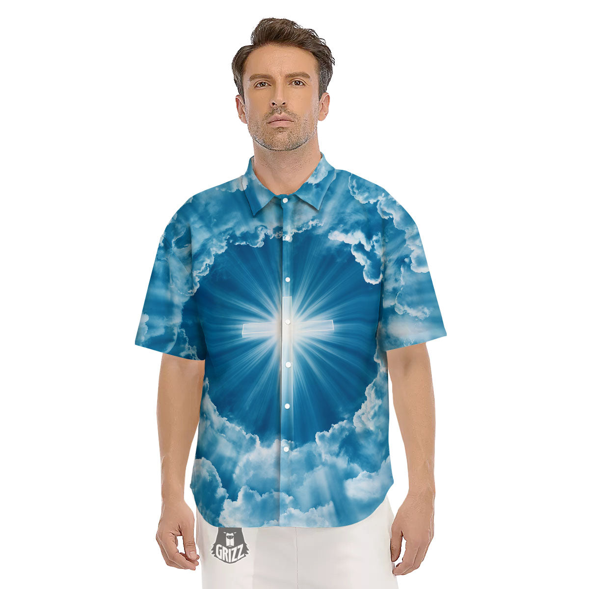 Christian Holy Cross Shiny Print Men's Short Sleeve Shirts-grizzshop