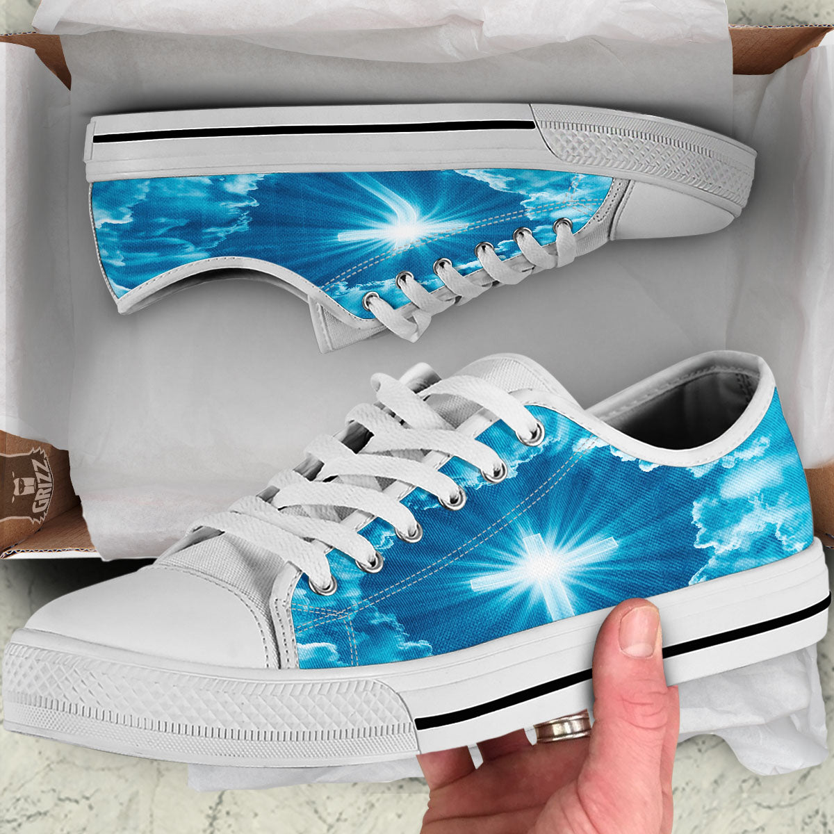Christian Holy Cross Shiny Print White Low Top Shoes-grizzshop