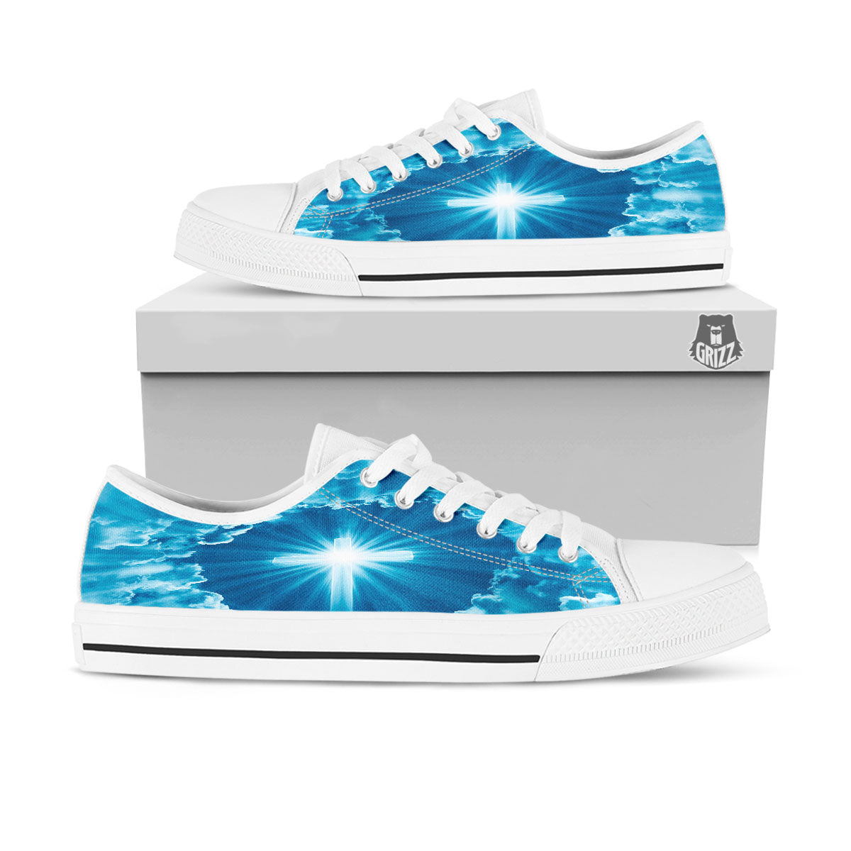 Christian Holy Cross Shiny Print White Low Top Shoes-grizzshop