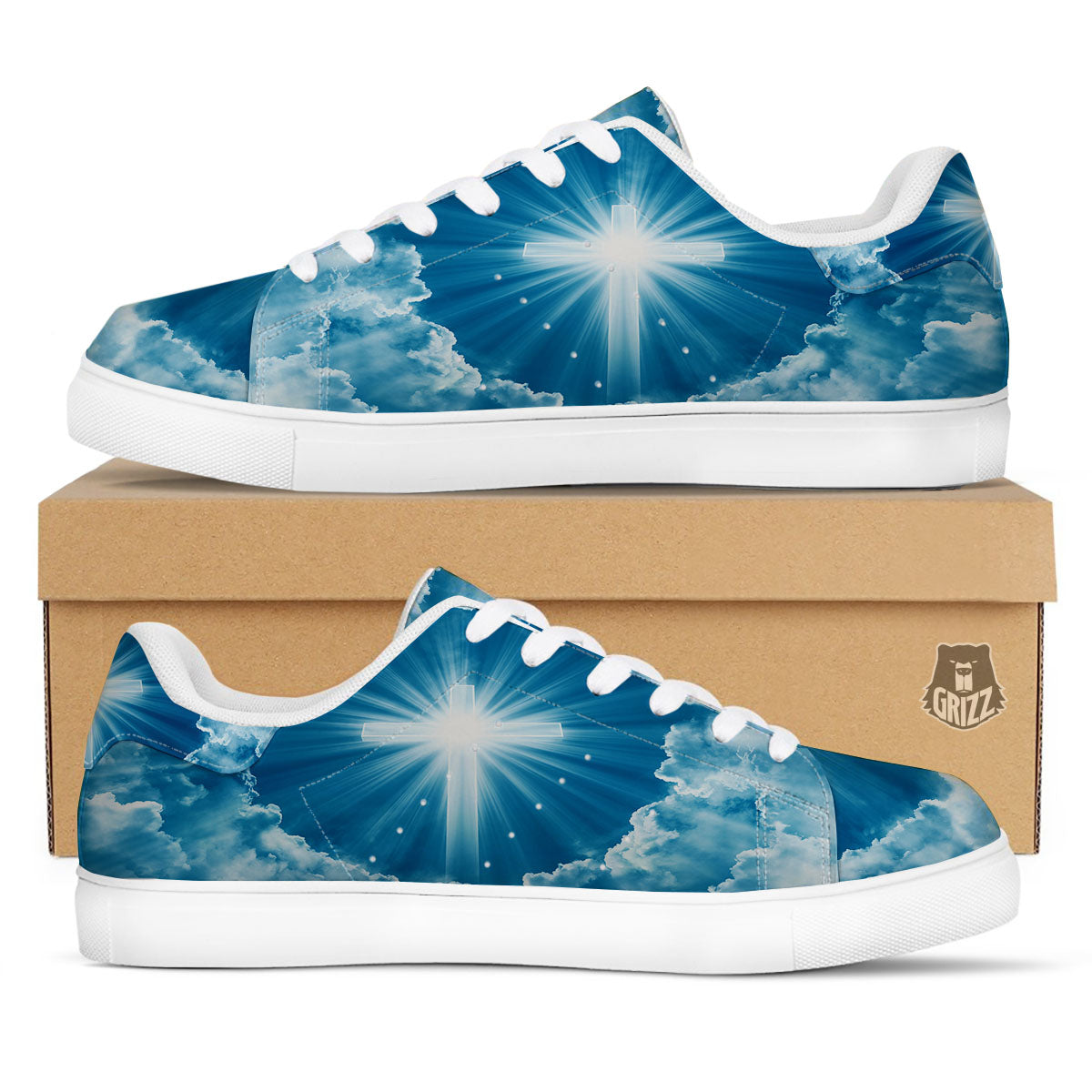 Christian Holy Cross Shiny Print White Low Top Sneakers-grizzshop