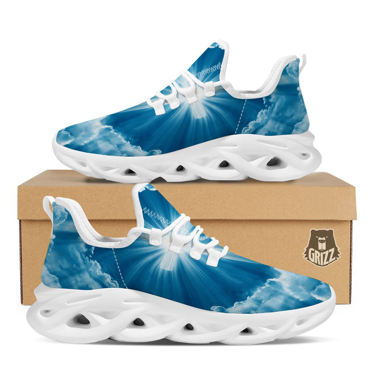 Christian Holy Cross Shiny Print White Running Shoes-grizzshop