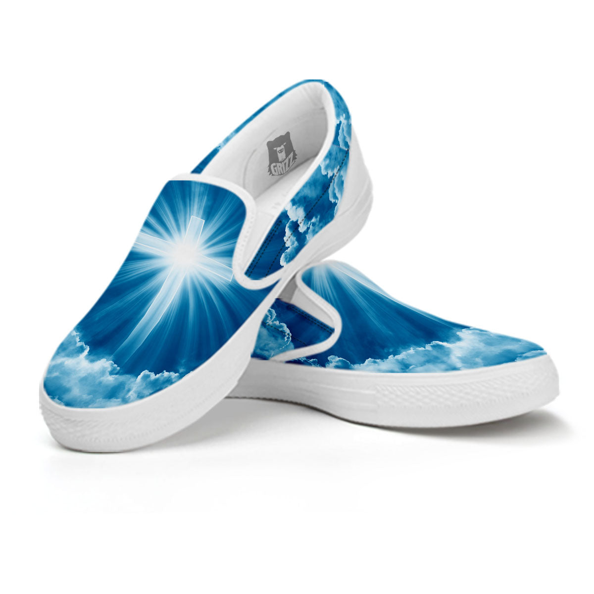 Christian Holy Cross Shiny Print White Slip On Shoes-grizzshop