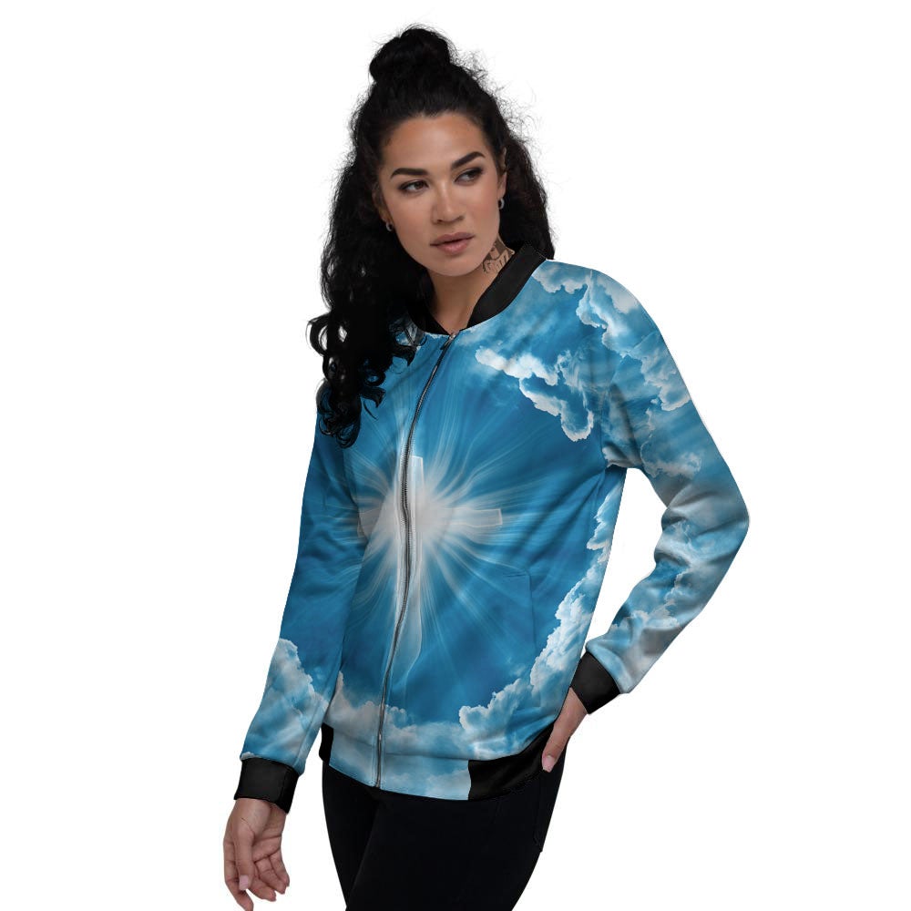 Christian Holy Cross Shiny Print Women's Bomber Jacket-grizzshop