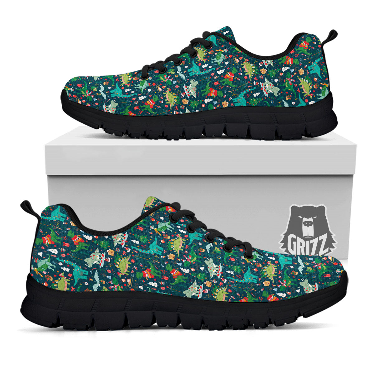Christmas Animals Fun Print Pattern Black Sneaker-grizzshop