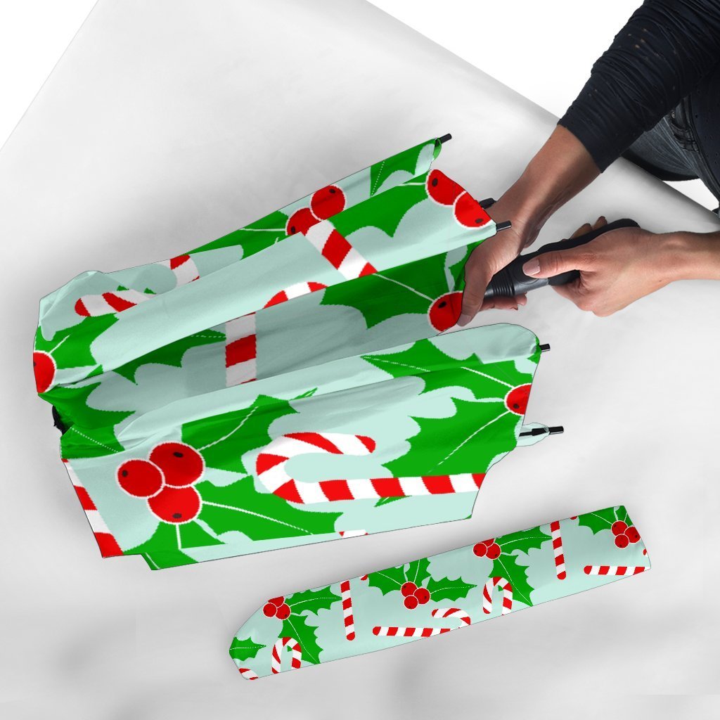 Christmas Candy Cane Pattern Print Automatic Foldable Umbrella-grizzshop
