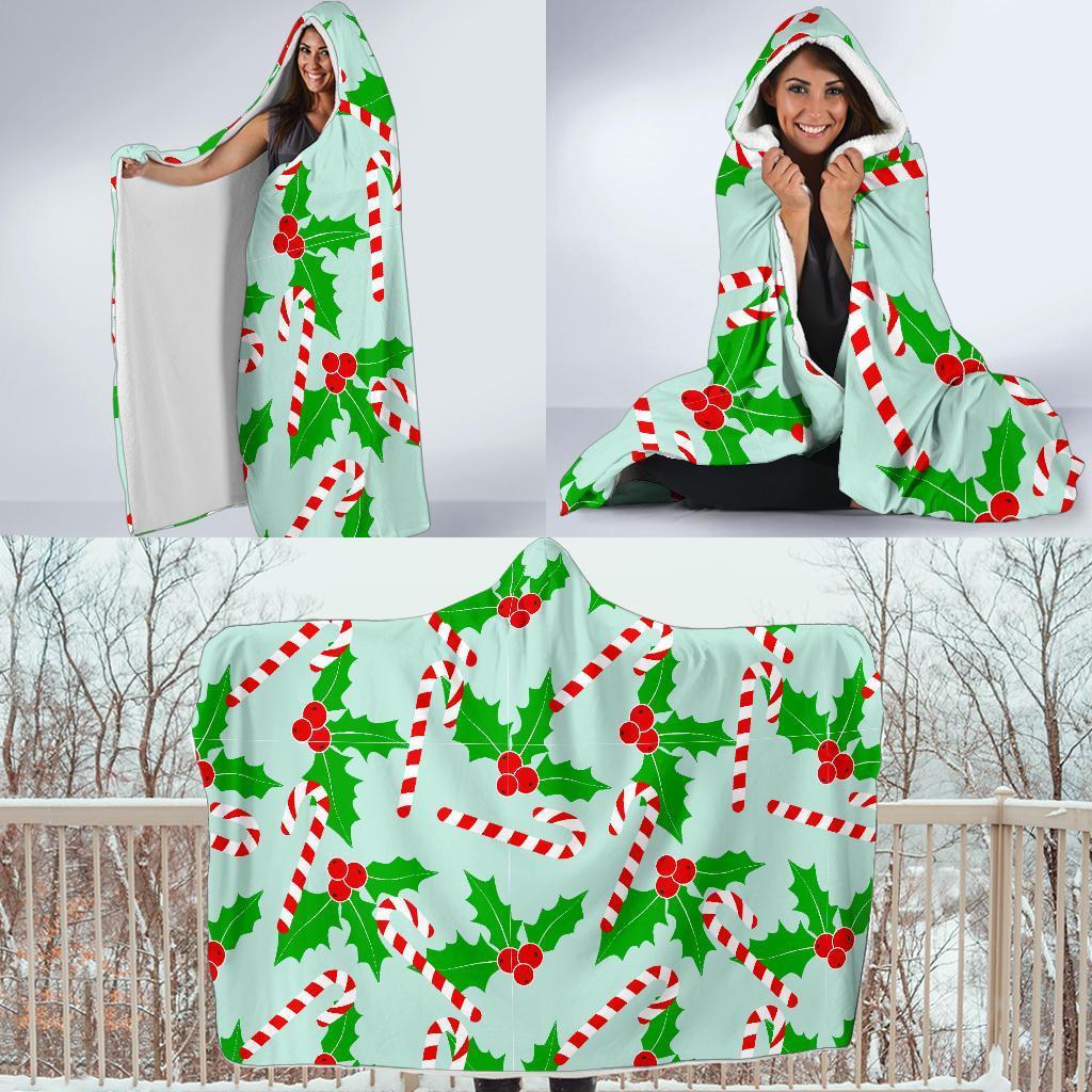 Christmas Candy Cane Pattern Print Hooded Blanket-grizzshop