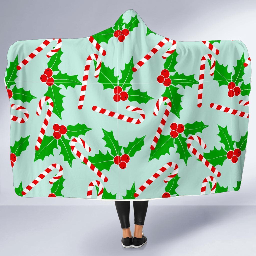 Christmas Candy Cane Pattern Print Hooded Blanket-grizzshop