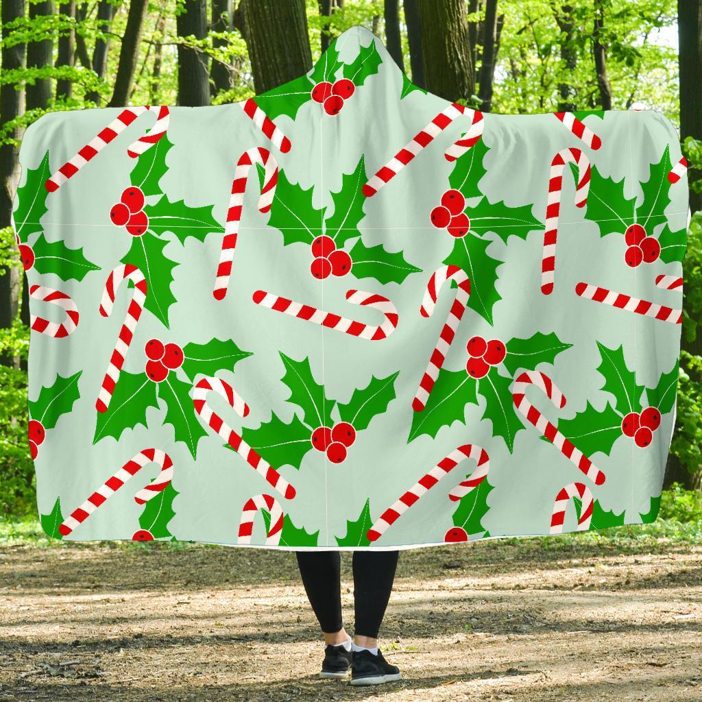 Christmas Candy Cane Pattern Print Hooded Blanket-grizzshop