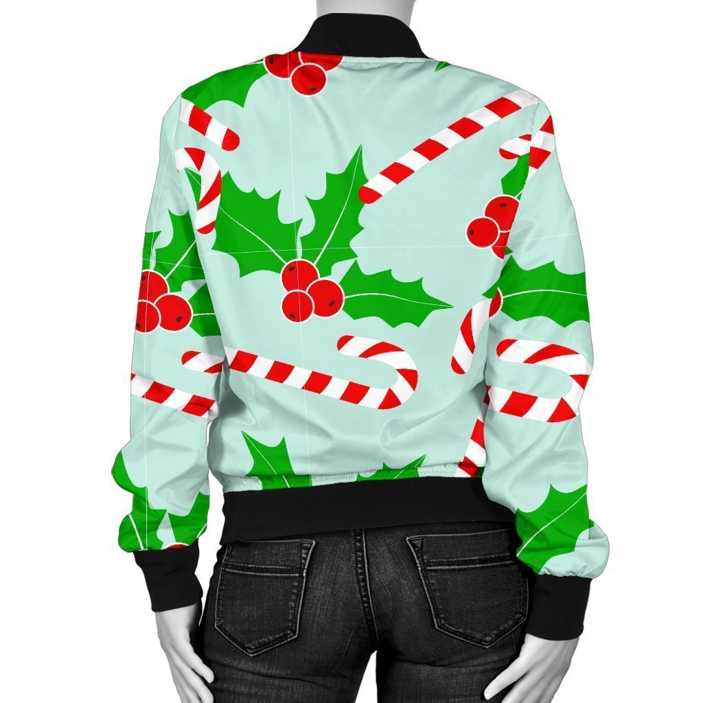 Christmas Candy Cane Pattern Print Women Casual Bomber Jacket-grizzshop