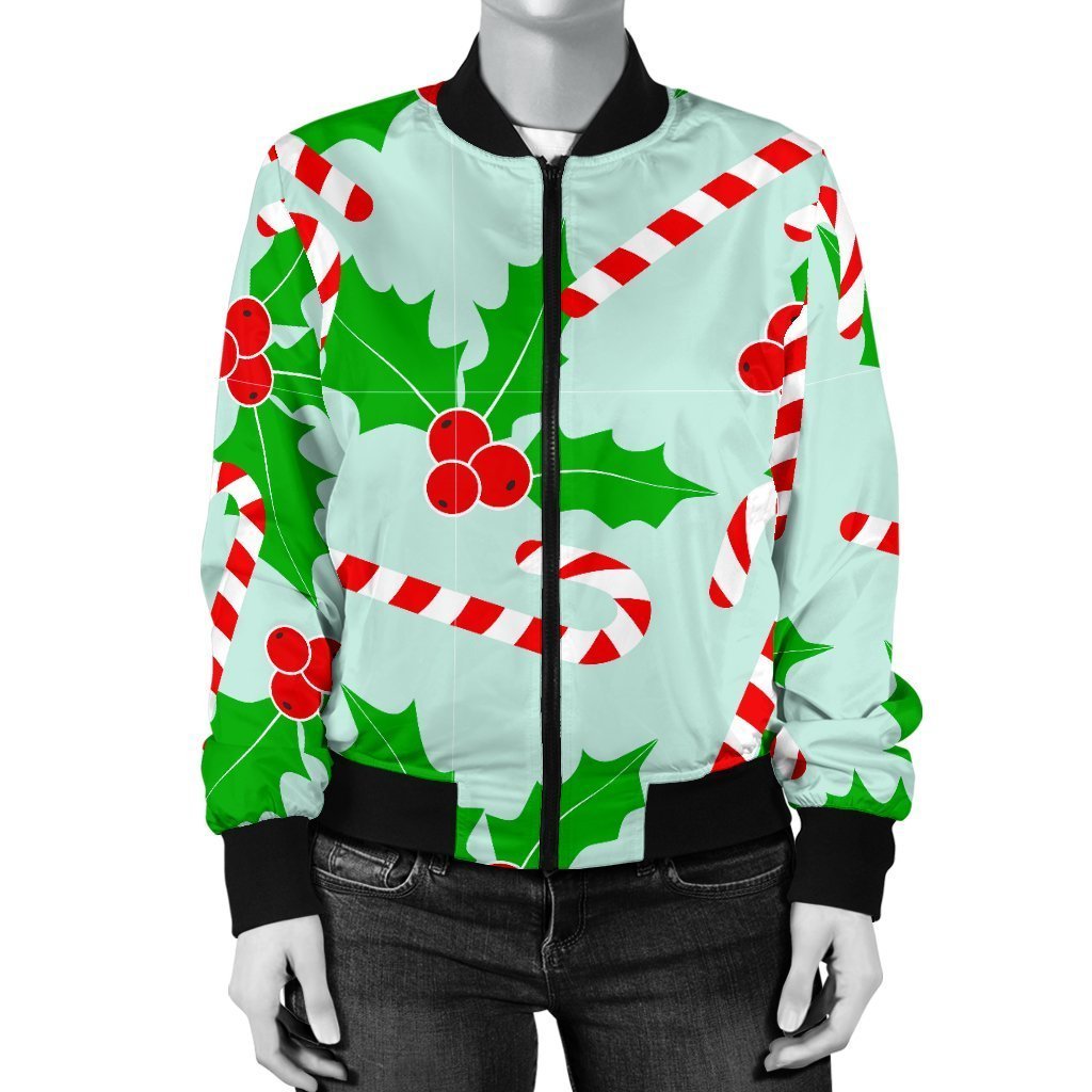 Christmas Candy Cane Pattern Print Women Casual Bomber Jacket-grizzshop