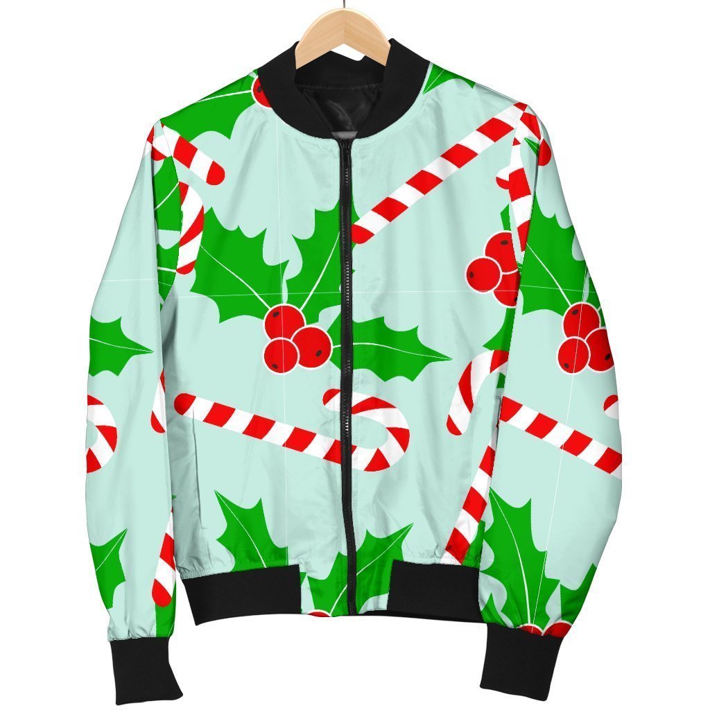 Christmas Candy Cane Pattern Print Women Casual Bomber Jacket-grizzshop