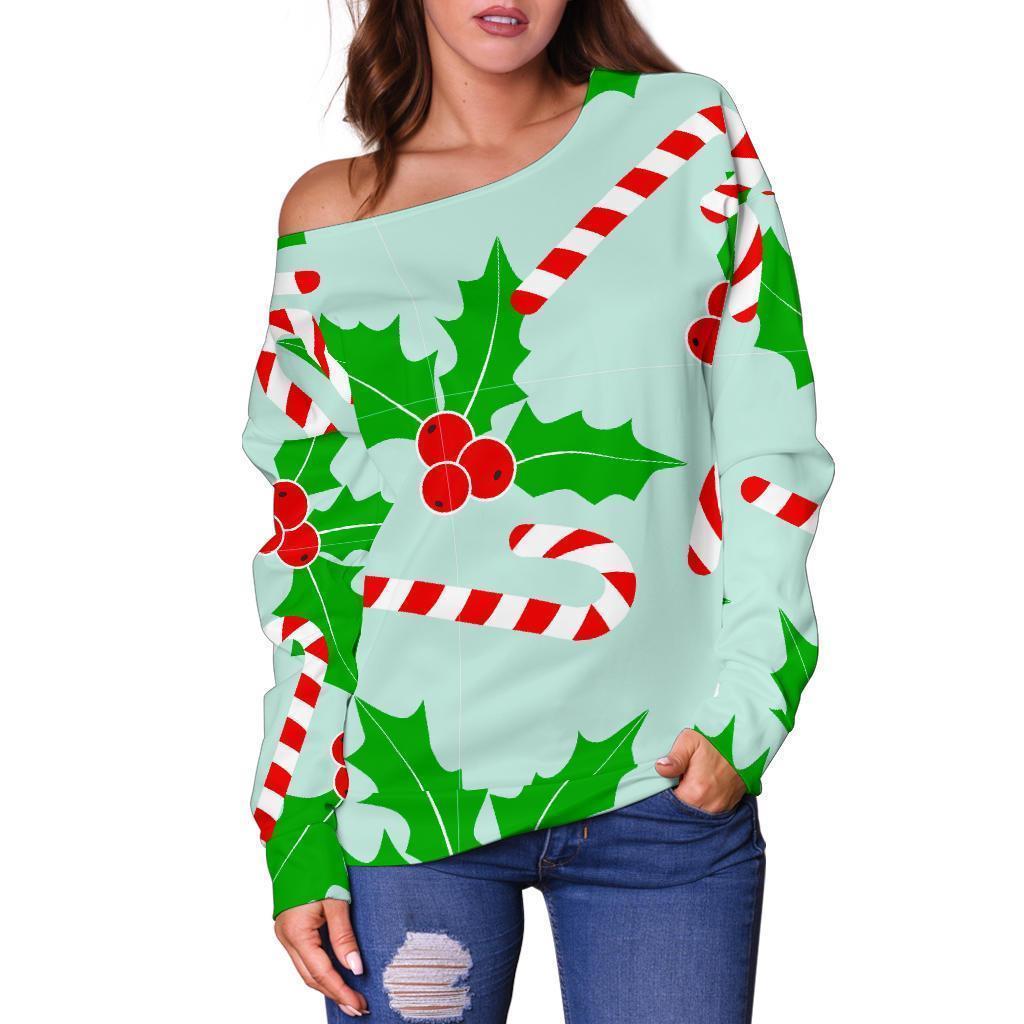 Christmas Candy Cane Pattern Print Women Off Shoulder Sweatshirt-grizzshop