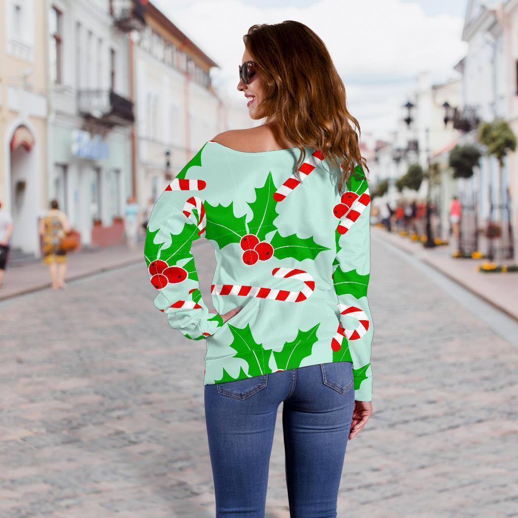 Christmas Candy Cane Pattern Print Women Off Shoulder Sweatshirt-grizzshop