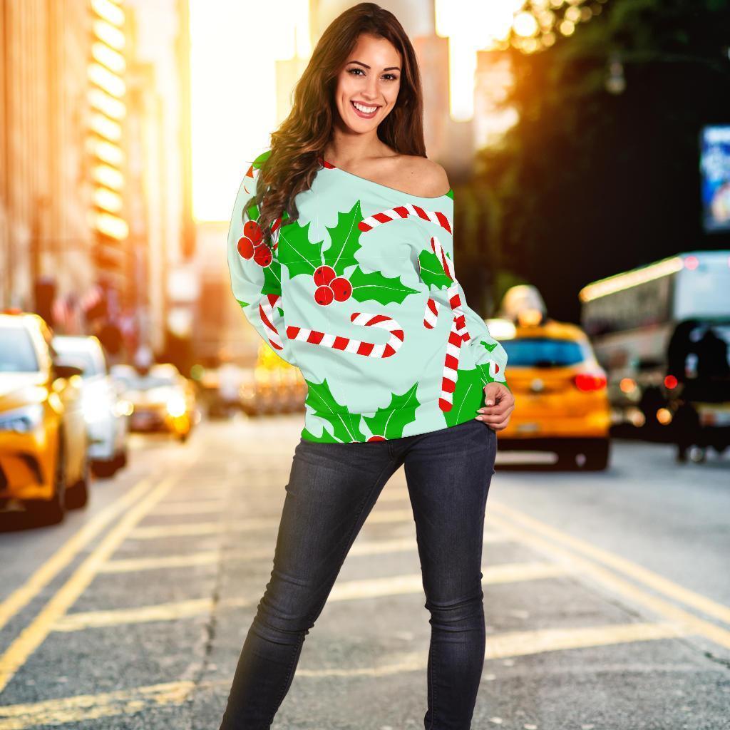 Christmas Candy Cane Pattern Print Women Off Shoulder Sweatshirt-grizzshop