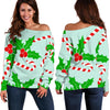 Christmas Candy Cane Pattern Print Women Off Shoulder Sweatshirt-grizzshop