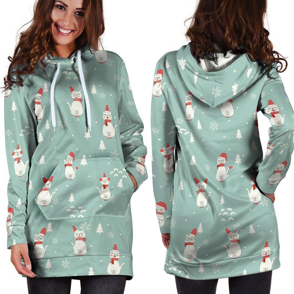 Christmas Cat Print Hoodie Dress-grizzshop