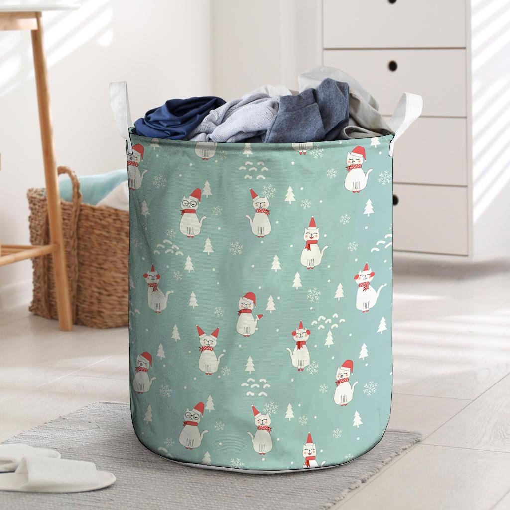 Christmas Cat Print Laundry Basket-grizzshop