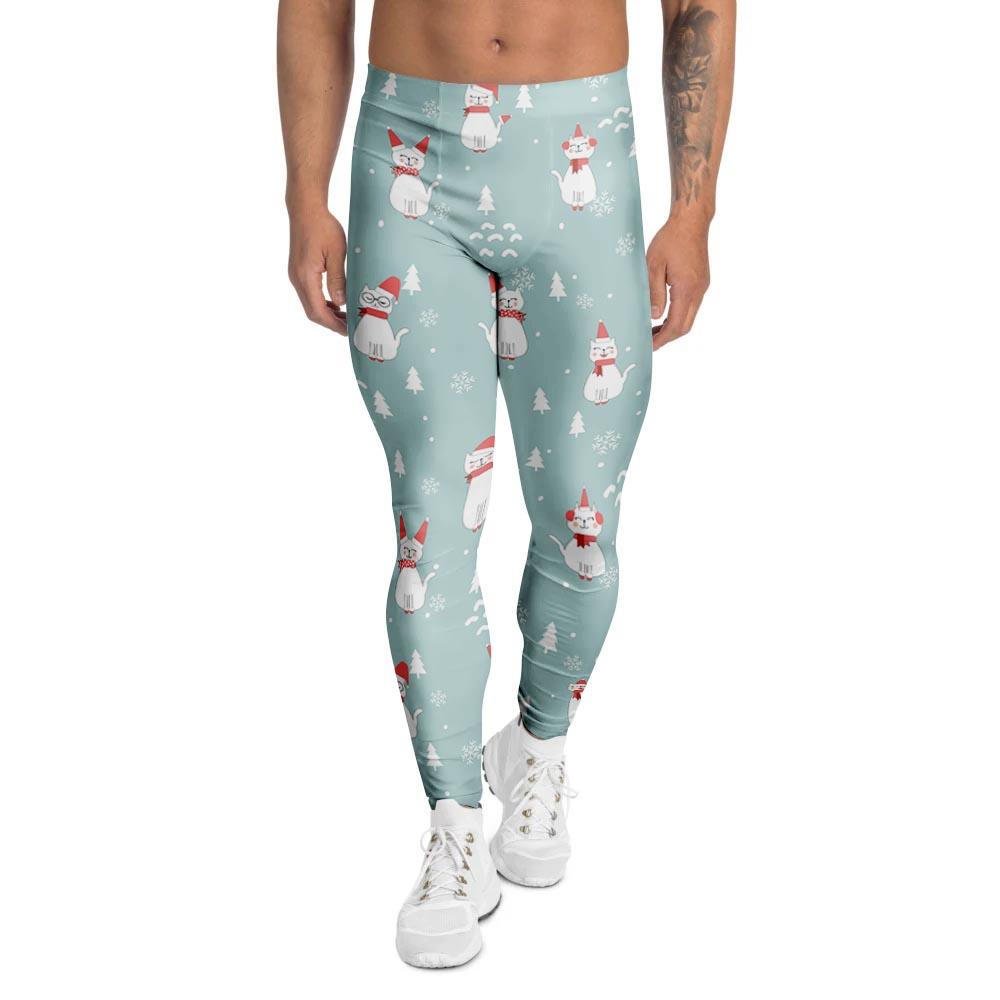 Christmas Cat Print Men's Leggings-grizzshop