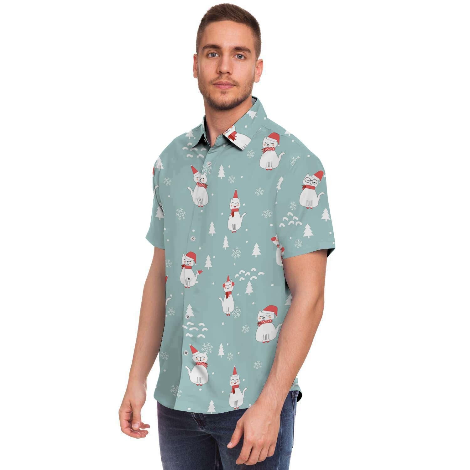 Christmas Cat Print Men's Short Sleeve Shirt-grizzshop