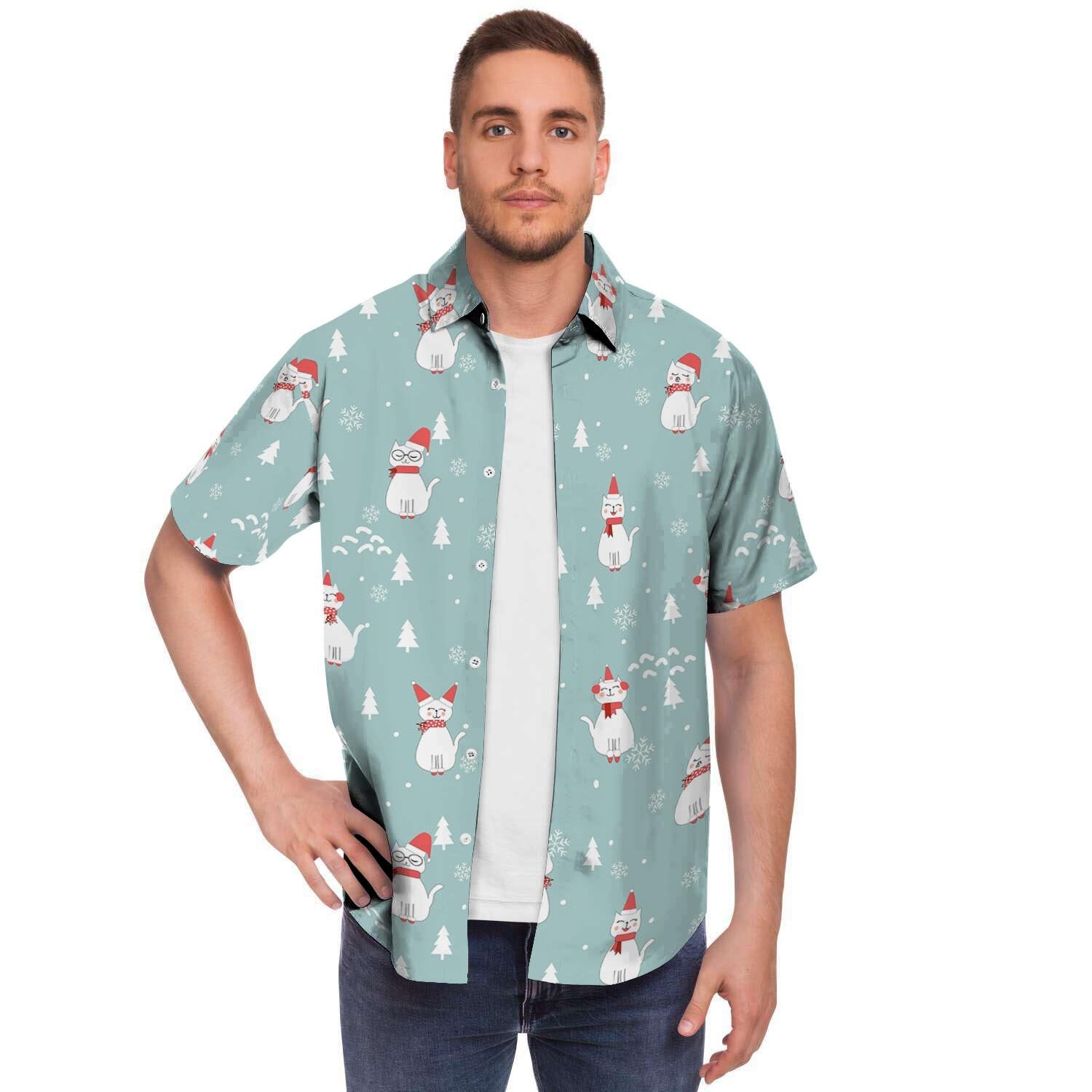 Christmas Cat Print Men's Short Sleeve Shirt-grizzshop