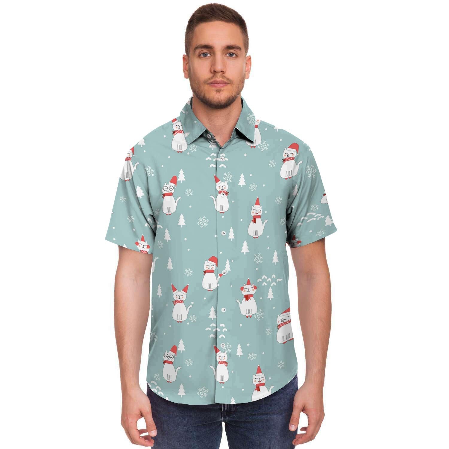 Christmas Cat Print Men's Short Sleeve Shirt-grizzshop