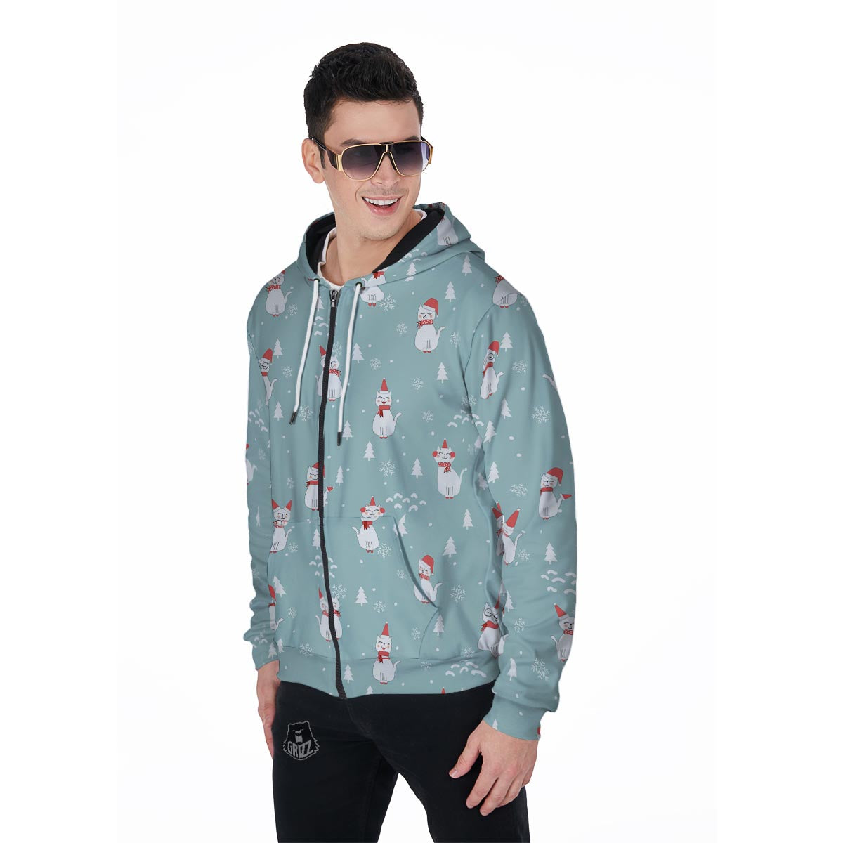 Christmas Cat Print Men's Zip Up Hoodie-grizzshop