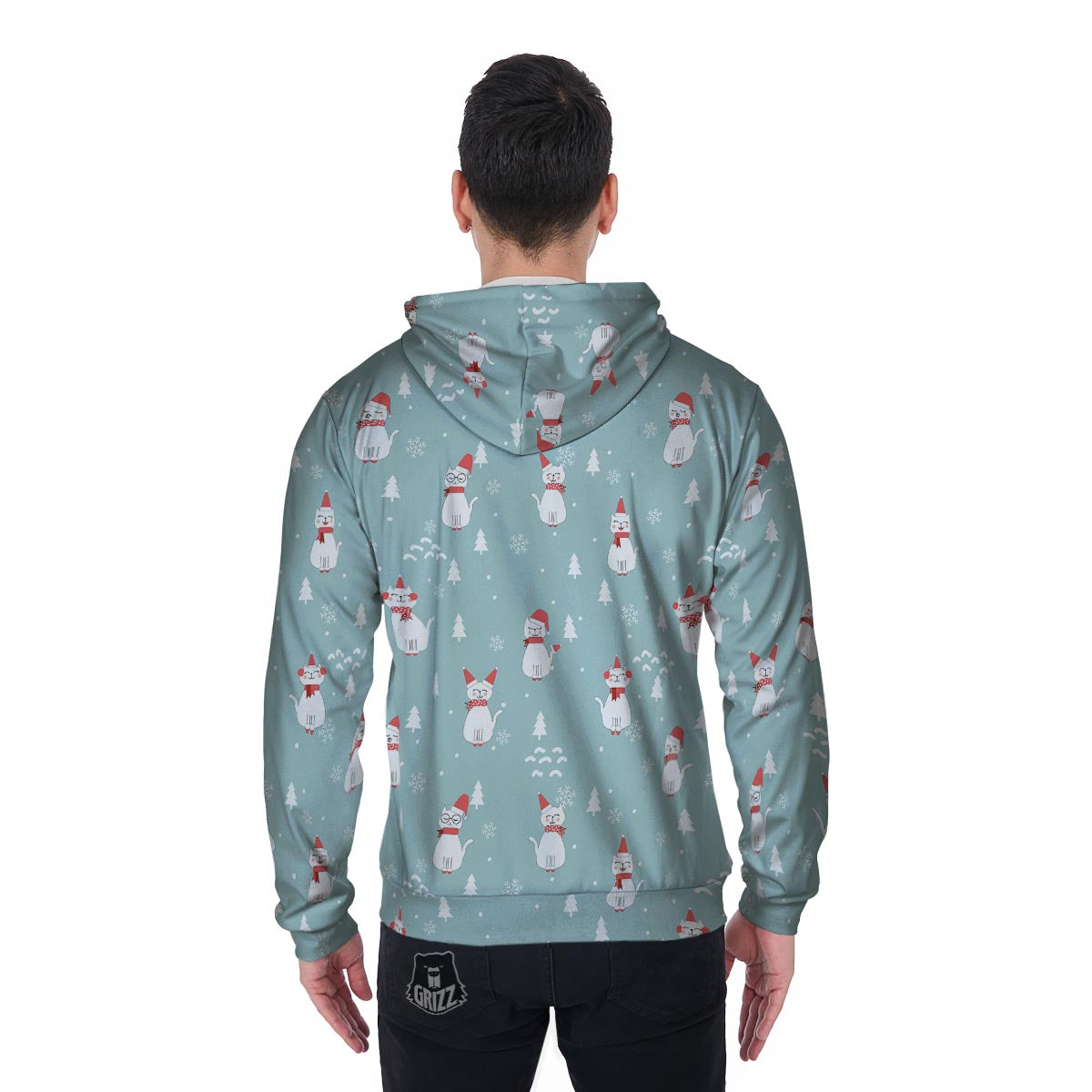 Christmas Cat Print Men's Zip Up Hoodie-grizzshop