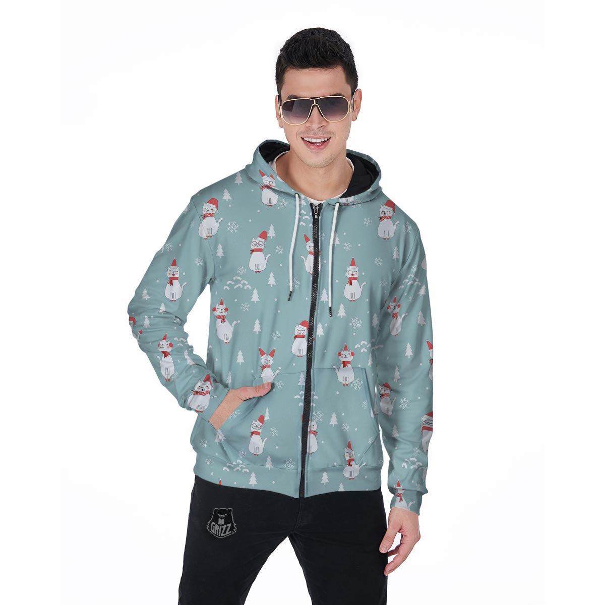 Christmas Cat Print Men's Zip Up Hoodie-grizzshop