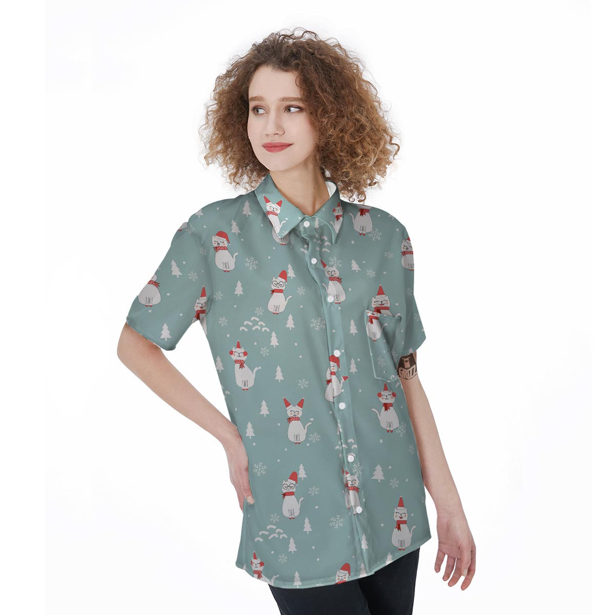 Christmas Cat Print Women's Short Sleeve Shirts-grizzshop