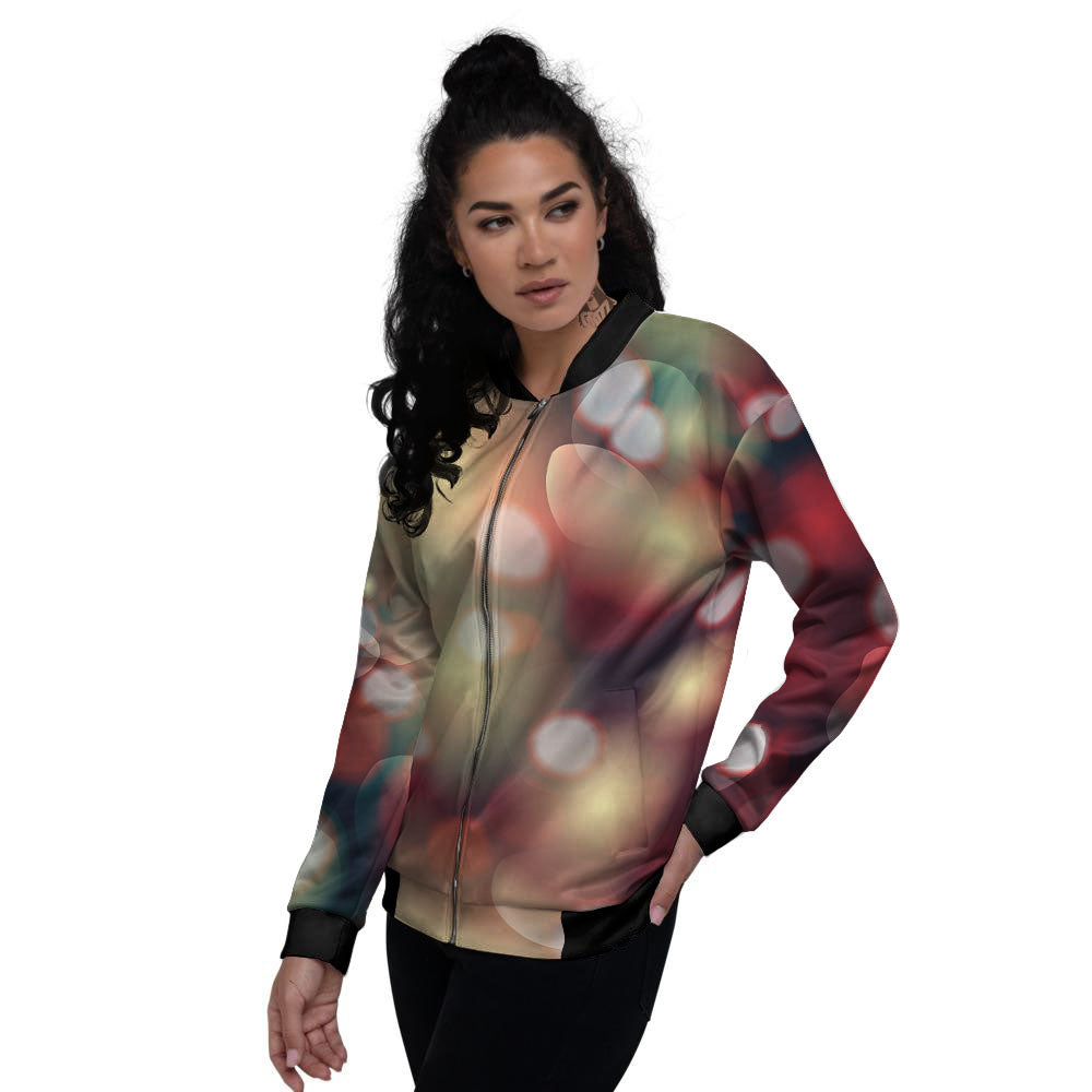 Christmas Defocused Lights Print Women's Bomber Jacket-grizzshop