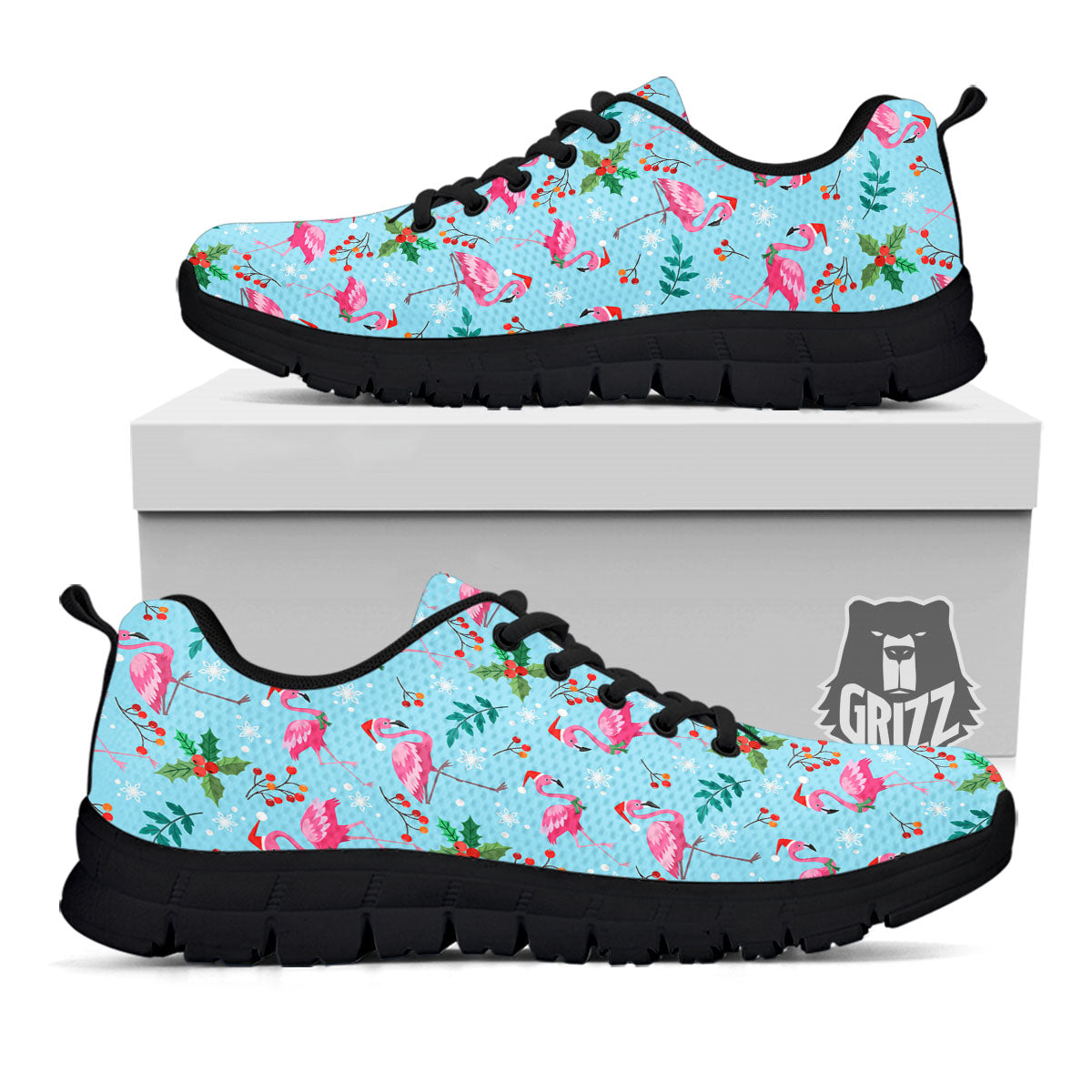 Christmas Flamingo Pink Print Pattern Black Sneaker-grizzshop