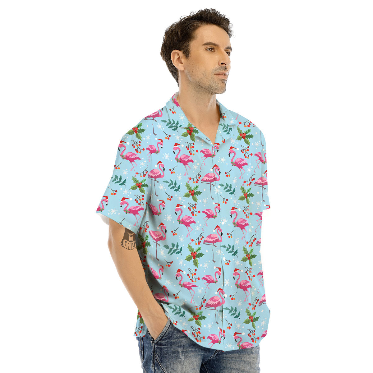 Christmas Flamingo Pink Print Pattern Men's Hawaiian Shirt-grizzshop