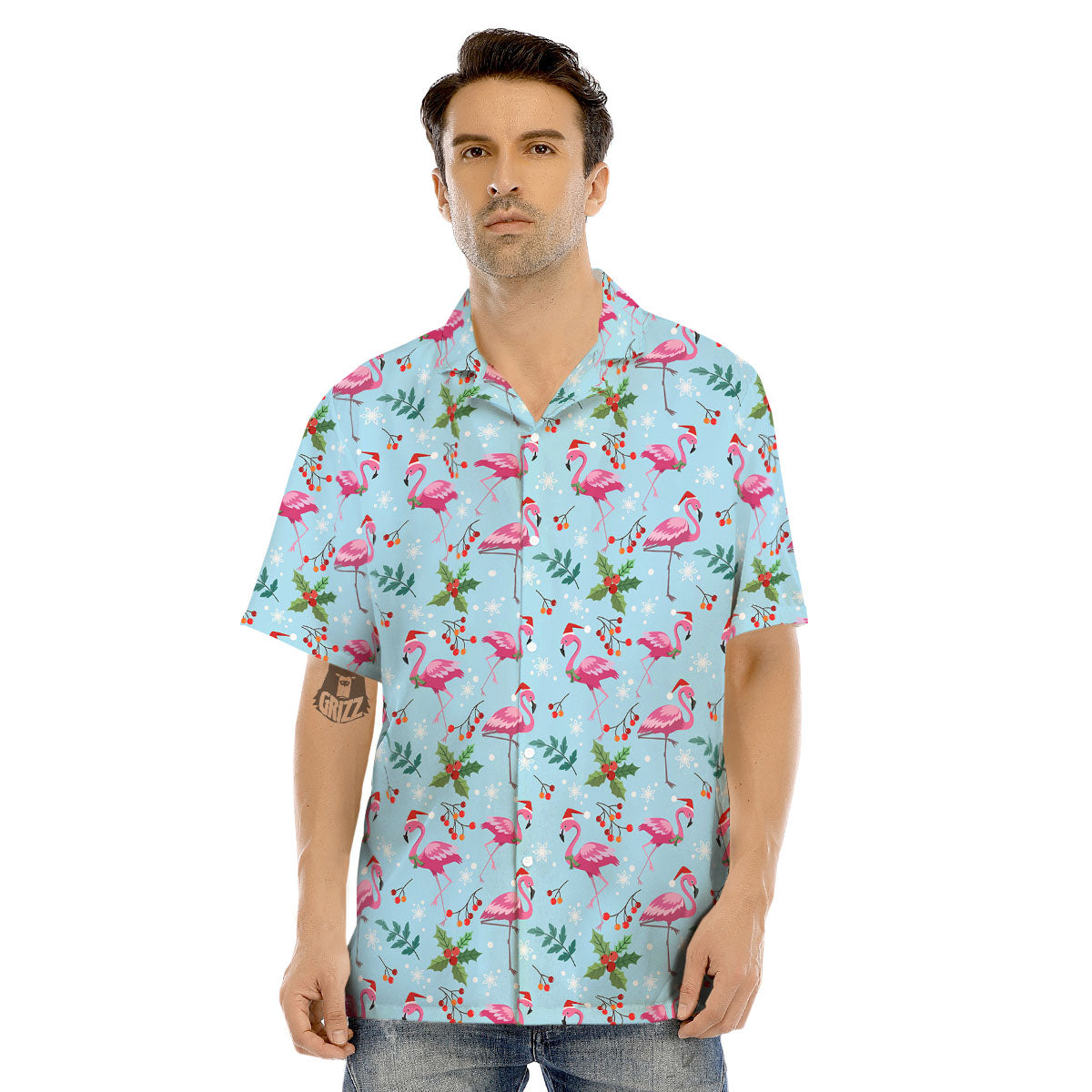 Christmas Flamingo Pink Print Pattern Men's Hawaiian Shirt-grizzshop