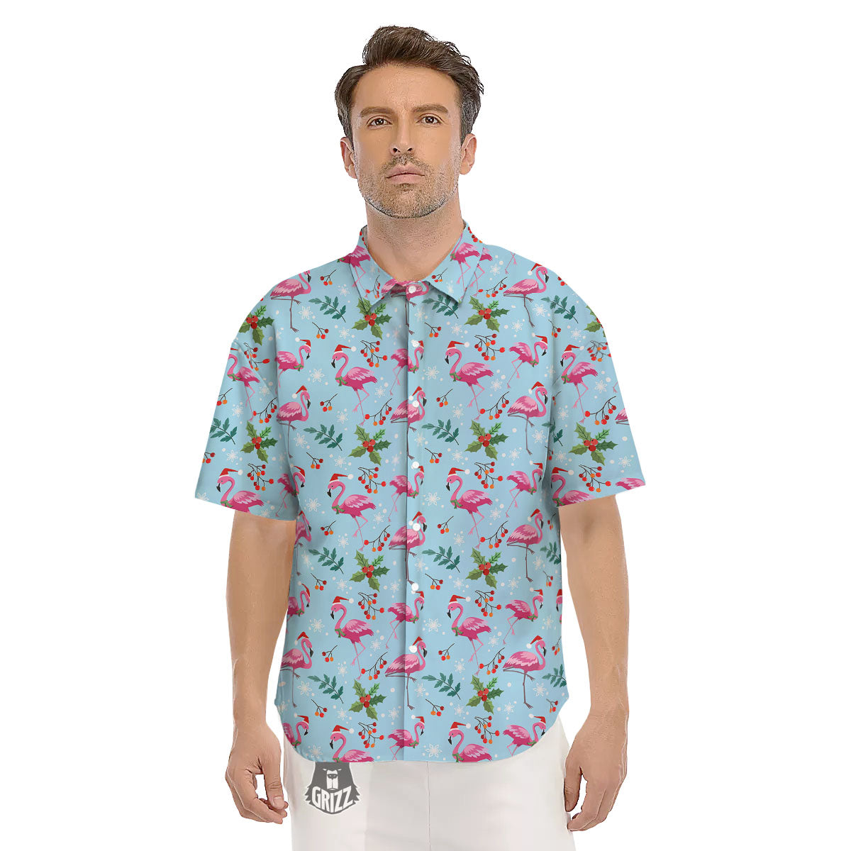 Christmas Flamingo Pink Print Pattern Men's Short Sleeve Shirts-grizzshop