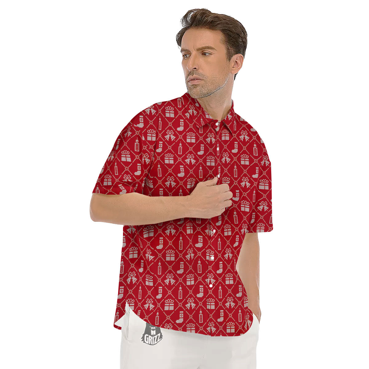 Christmas Gift Knitted Print Pattern Men's Short Sleeve Shirts-grizzshop