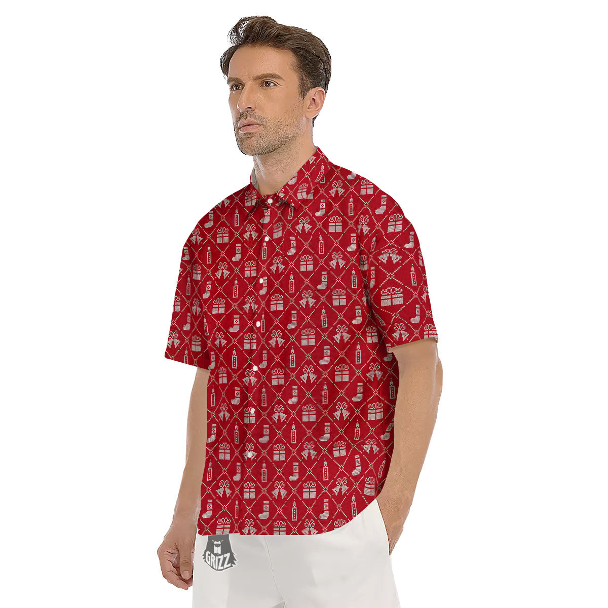 Christmas Gift Knitted Print Pattern Men's Short Sleeve Shirts-grizzshop