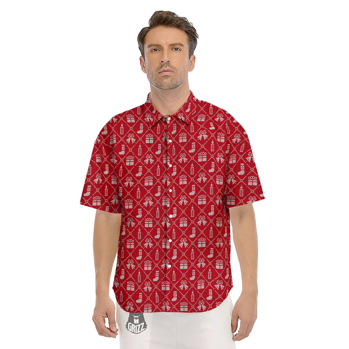 Christmas Gift Knitted Print Pattern Men's Short Sleeve Shirts-grizzshop