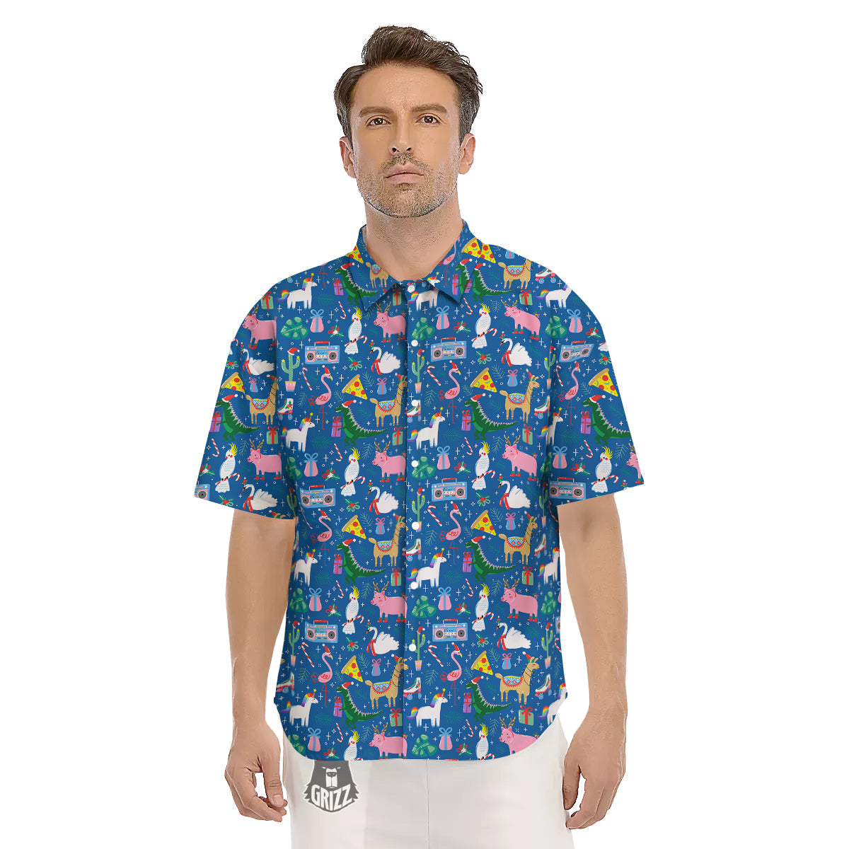 Christmas Party Funny Animals Print Pattern Men's Short Sleeve Shirts-grizzshop