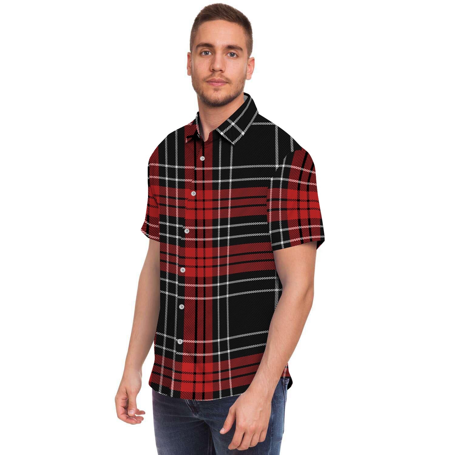 Christmas Red Plaid Scottish Men's Short Sleeve Shirt-grizzshop